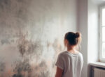 Woman examines mold on wall in apartment